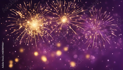 Gold and dark purple Fireworks and bokeh in New Year's Eve