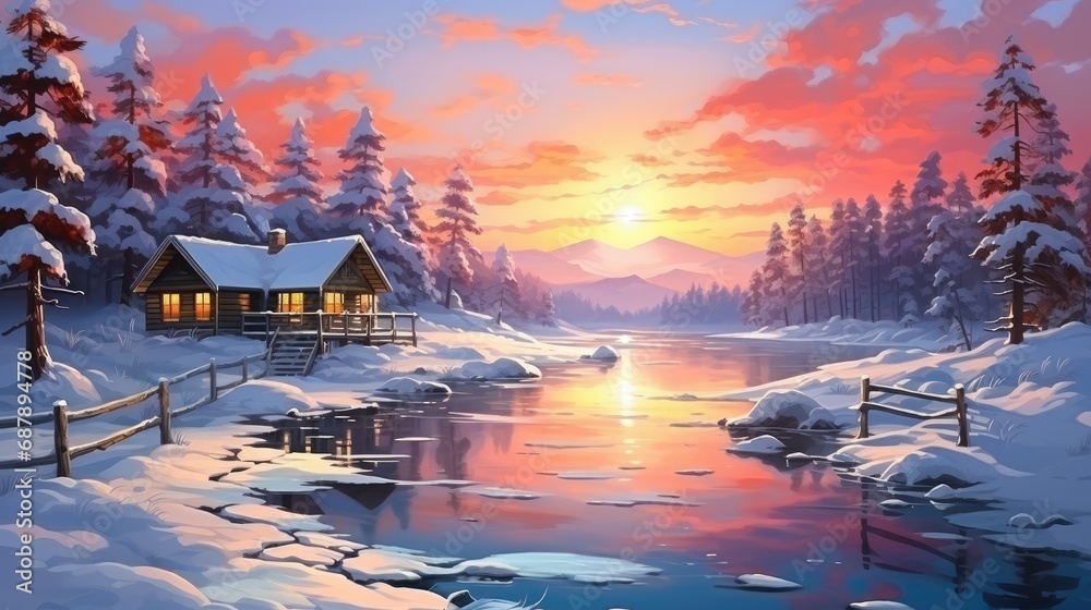 A cozy cabin in a winter forest on the shore of a lake. Illustration of a landscape against a sunset sky.
