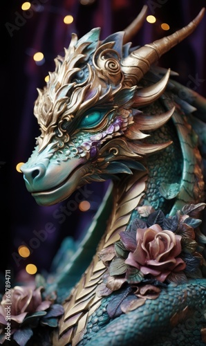 The wooden green dragon is a symbol of 2024 according to the eastern horoscope. Fairytale mythical Chinese character decorated with gold and flowers. © photolas