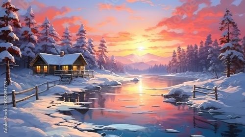A cozy cabin in a winter forest on the shore of a lake. Illustration of a landscape against a sunset sky. © photolas