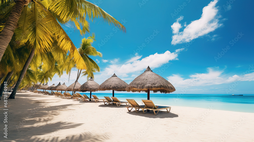 Beach chairs and umbrellas on a sunny day. Generative Ai Beach chairs and umbrellas on a sunny day. Generative Ai