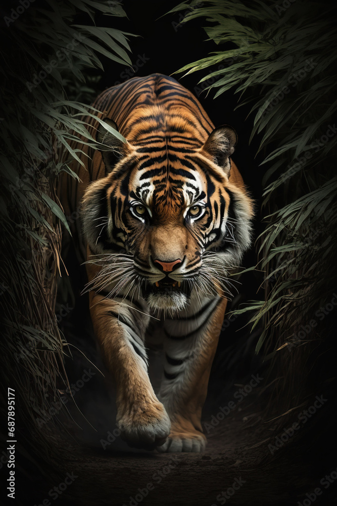 Fototapeta premium amazing tiger in the forest front view, Generative AI
