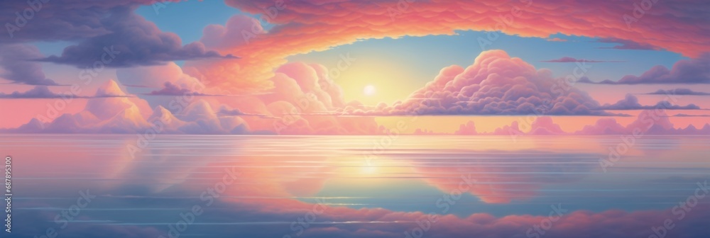 idyllic dreamlike golden hour sunset with colorful orange clouds far into the distant horizon - tranquil calm ocean water with mirror like reflection on scenic seascape.