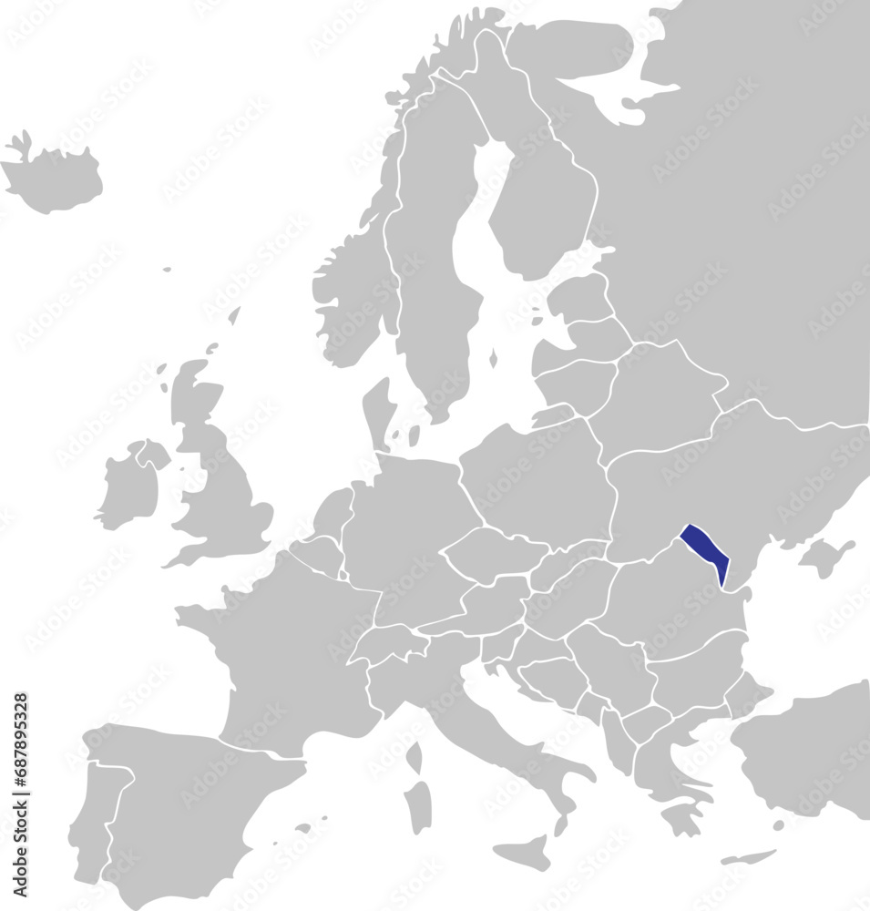 Blue CMYK national map of MOLDOVA inside simplified gray blank political map of European continent on transparent background using Mercator projection