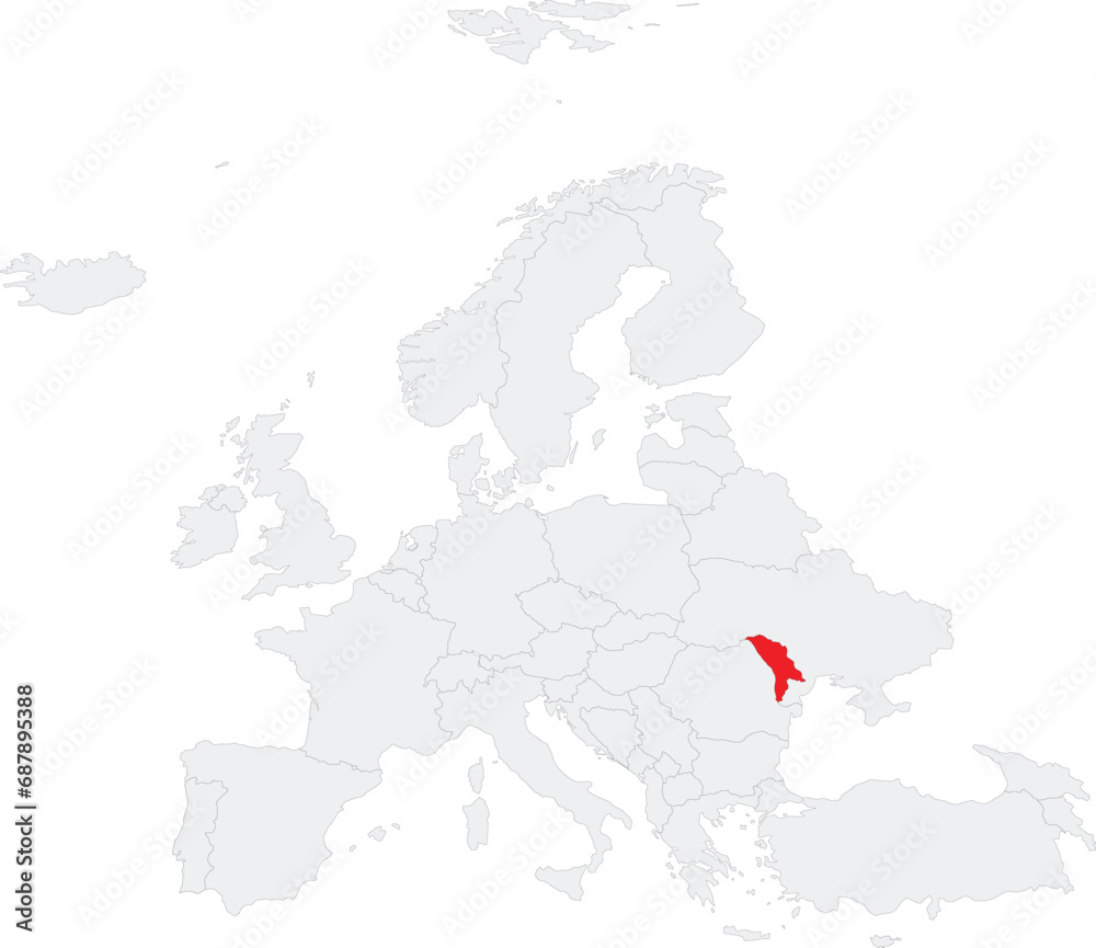 Naklejka premium Red CMYK national map of MOLDOVA inside gray blank political map of European continent on transparent background using Robinson projection