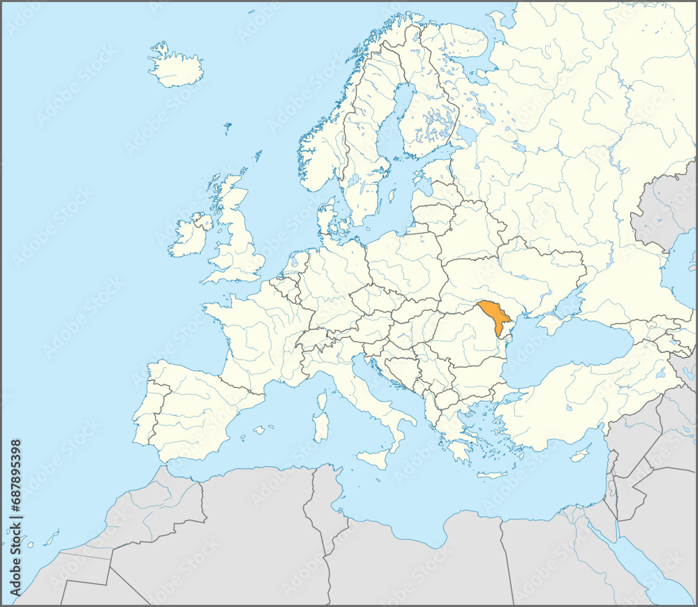 Naklejka premium Orange CMYK national map of MOLDOVA inside detailed beige blank political map of European continent with rivers and lakes on blue background using Mercator projection