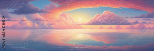 idyllic dreamlike golden hour sunset with colorful orange clouds far into the distant horizon - tranquil calm ocean water with mirror like reflection on scenic seascape.
