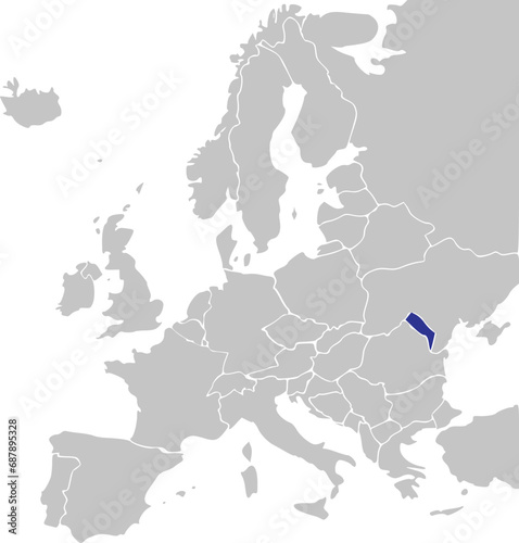 Blue CMYK national map of MOLDOVA inside simplified gray blank political map of European continent on transparent background using Mercator projection