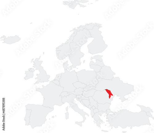 Red CMYK national map of MOLDOVA inside gray blank political map of European continent on transparent background using Robinson projection