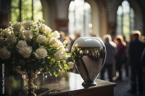 A Funeral urn with ash stands with flowers in a cemetery chapel just before the funeral service. Farewell to the deceased in church. photo