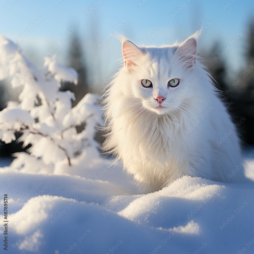  Beautiful white fluffy Turkish angora cat on snow background