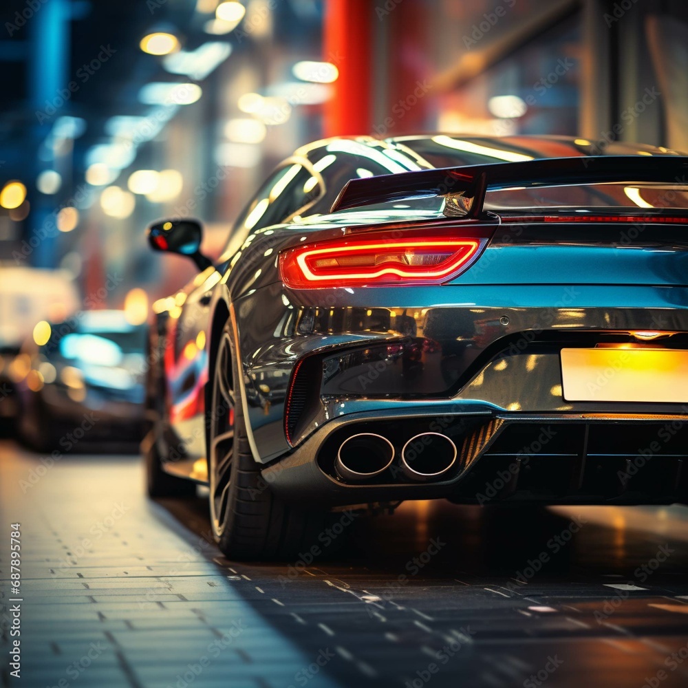 Close up of stainless steel exhaust tip muffler pipe of sports car, bokeh car showroom on background. Dual exhaust at the back of black car with rear defuser