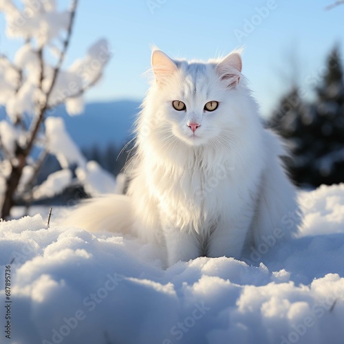  Beautiful white fluffy turkish angora cat on snow background