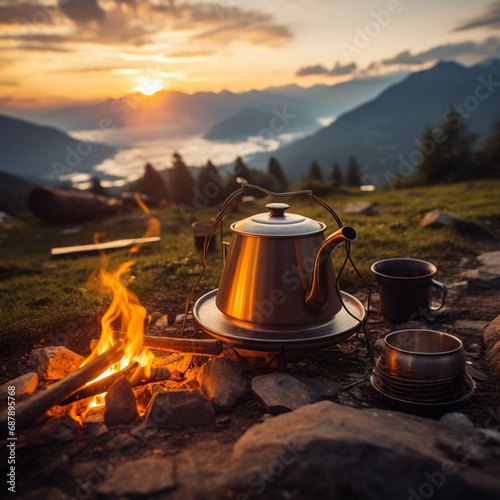 Camp fire and tea pot, tent and mountains in the background at sunset. Travel concept and Hobbies