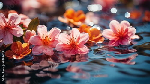 Fresh pink flowers with bright colors float on the water