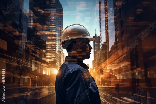 Double exposure of Engineer or architect on construction site with building background. photo