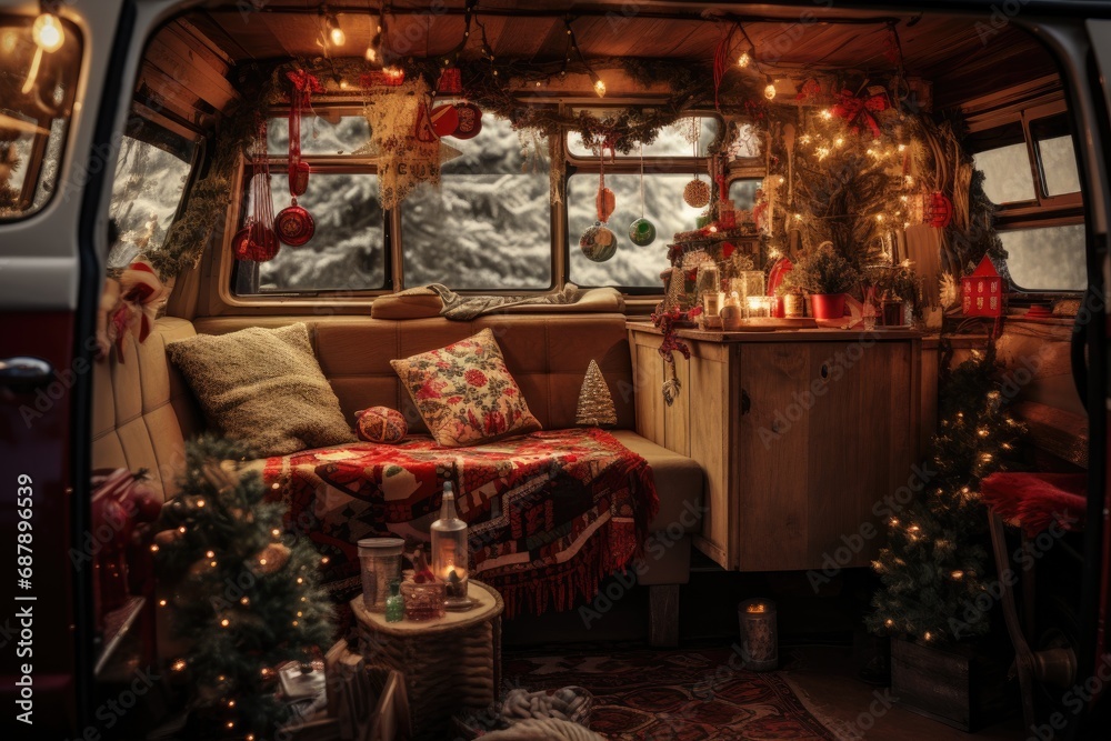 A beautifully decorated RV for Christmas with warm lights, festive decorations and a cozy, welcoming atmosphere.