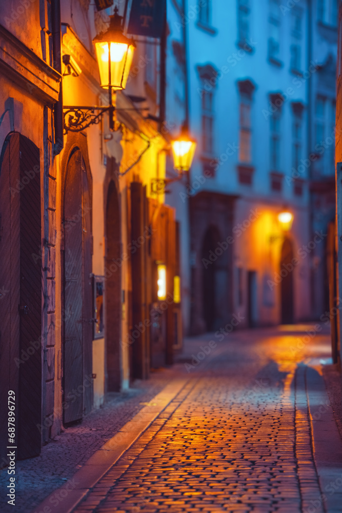 Obraz premium A nighttime cityscape with illuminated architecture and cobblestone alley.