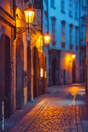 A nighttime cityscape with illuminated architecture and cobblestone alley.