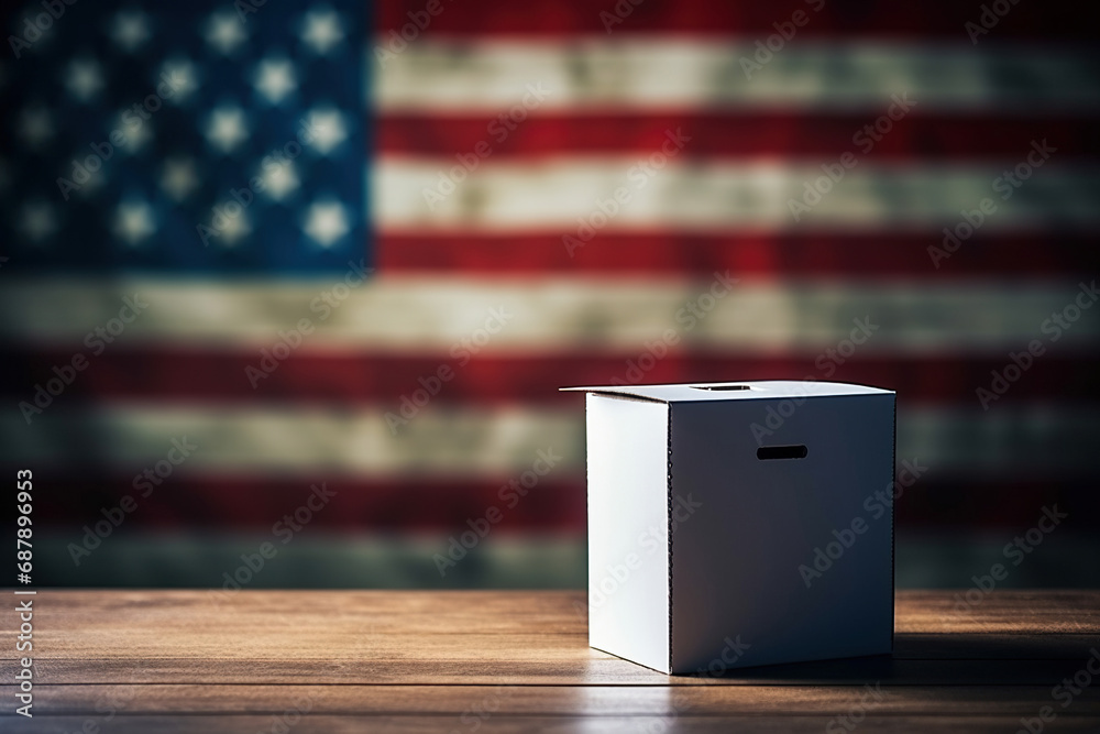 Ballot box on a wooden table with a blurred usa flag in the background. Generative AI - obrazy, fototapety, plakaty 