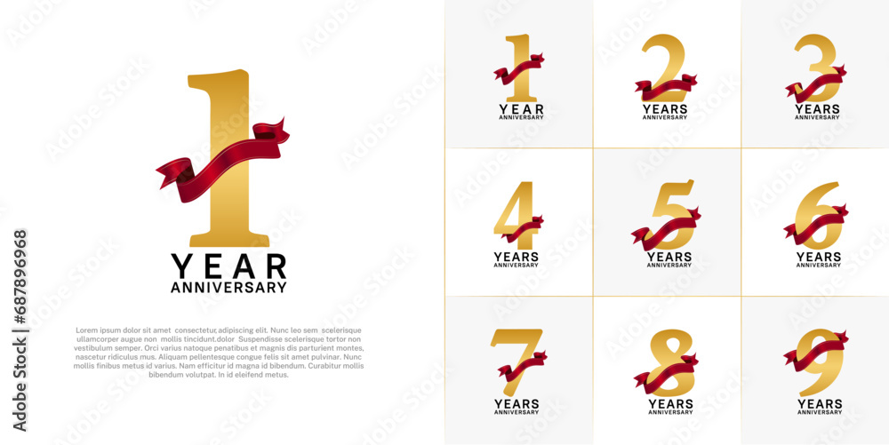 Set of Anniversary Logotype gold color with red ribbon can be use for special day celebration