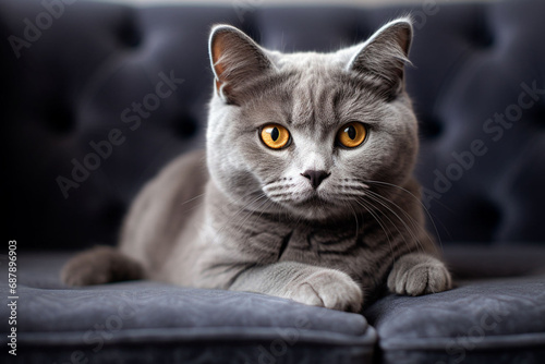 beautiful grey cat on a couch in the living room photography, Generative AI