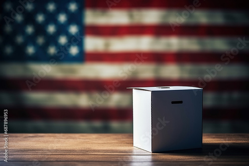 Ballot box on a wooden table with a blurred usa flag in the background. Generative AI photo