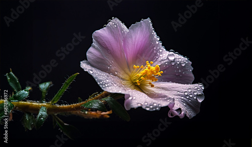 Delikatny różowy kwiat czystka z kroplami rosy na ciemnym tle photo