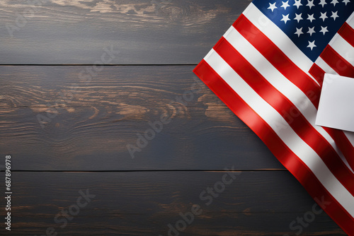 USA flag on a wooden table with a blank sheet of paper. Generative AI photo