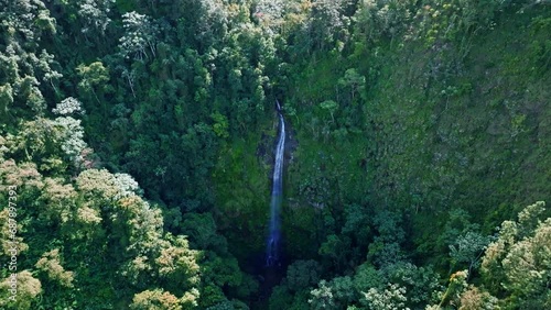 Forward shot of epic waterfall falling into the jungle in the Salto del Rodeo region of Bonao of the Dominican Republic photo