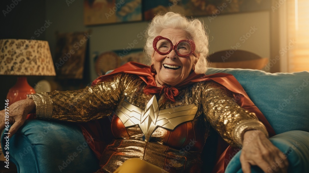An elderly woman in a superhero costume in chair at home with sunglasses in her eyes
