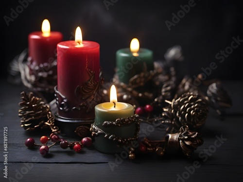 "Enchanting Yuletide Glow: Festive Christmas Candles on a Magical Dark Background ai image"