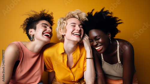 Interracial friends laughing and having a good time together in a studio