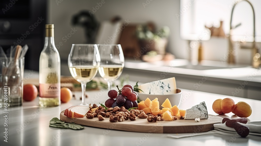  White kitchen with cheese plate and wine