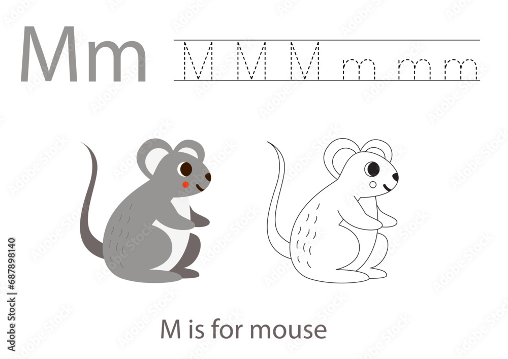 Obraz premium Tracing alphabet letters with cute animals. Color cute mouse. Trace letter M.