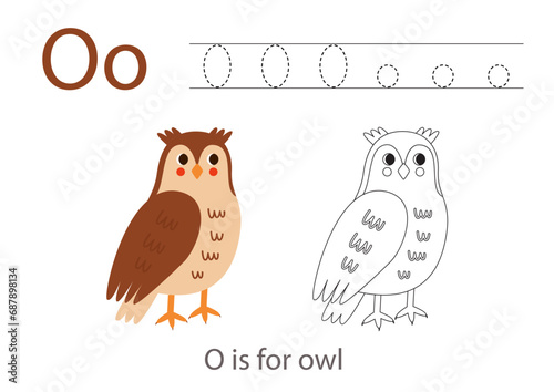 Tracing alphabet letters with cute animals. Color cute owl. Trace letter O.