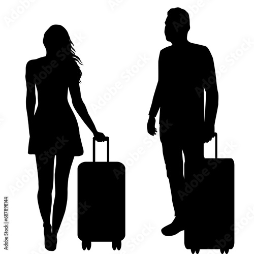Silhouettes of a woman and a man with suitcases on wheels