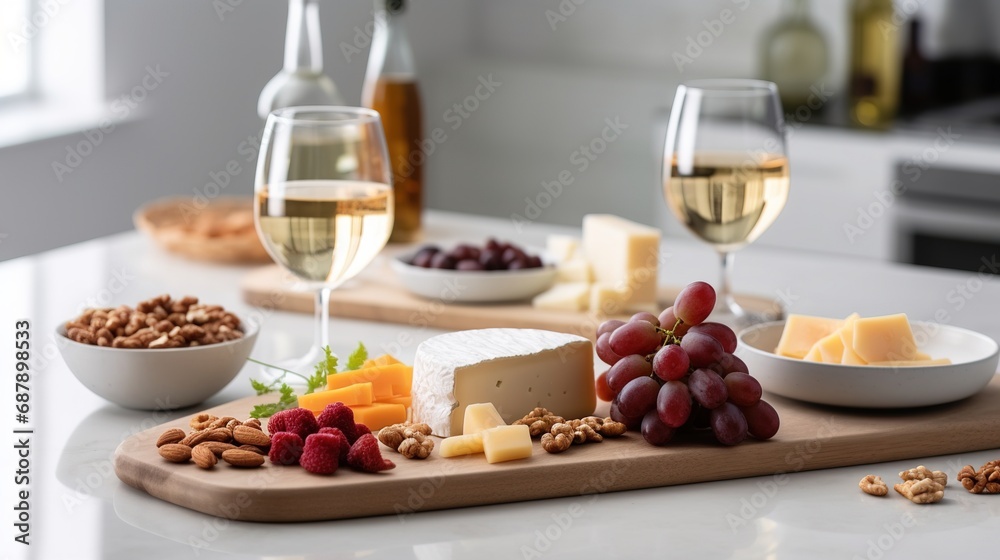 cheese plate and wine, White kitchen. Bright and airy. Food photography, product photography. --ar 16:9 --quality 2 --stylize 750 --v 5 Job ID: 0253518c-9c92-40bf-afa8-715c16fa9186
