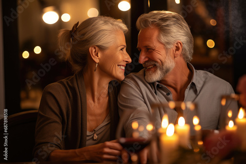 A loving senior couple  enjoys a romantic date with candles in a restaurant and leisurely moments in nature  showcasing health and togetherness.