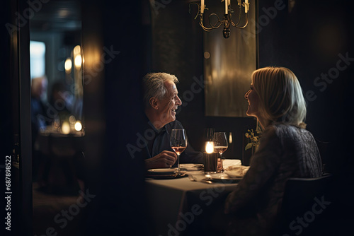 A senior couple enjoys a romantic dinner in a restaurant, celebrating their love with wine, good food, and pleasant conversation.