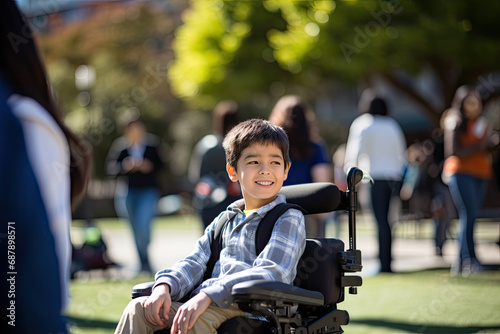 A young Asian boy with a wheelchair, embodying strength and resilience in an scholl yard setting.