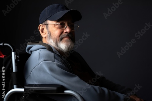 A thoughtful elderly man in a wheelchair, wearing a cap and hoodie, posing in a studio. photo