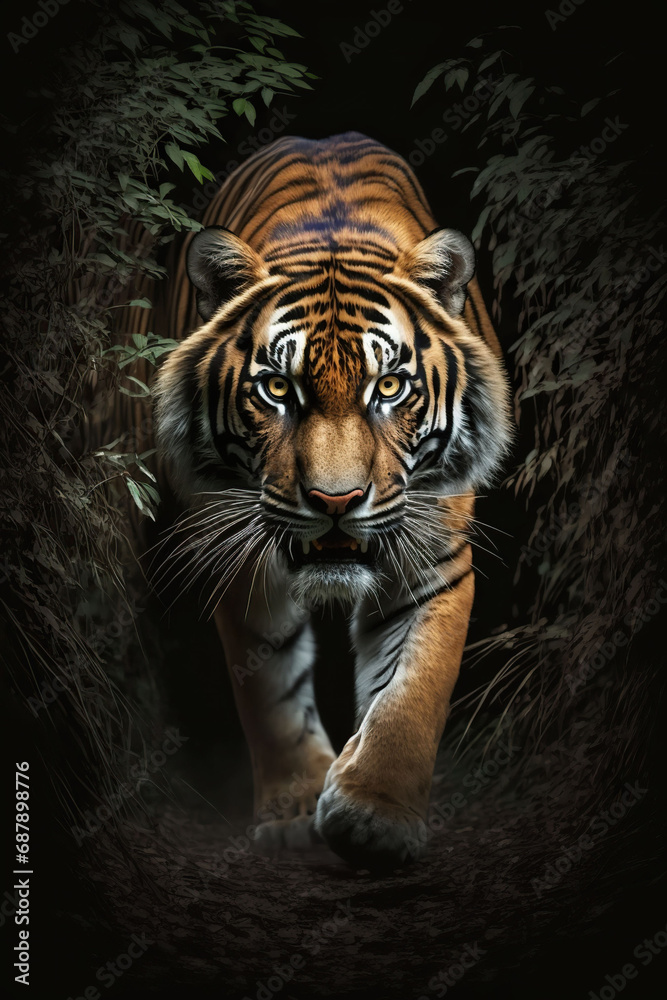 Fototapeta premium beautiful tiger in the forest front view, Generative AI