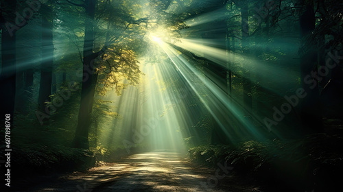 sun rays through the forest  a dirt road is in the woods with light shining through 