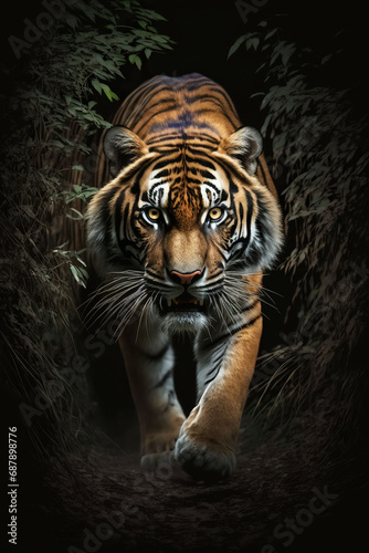 beautiful tiger in the forest front view  Generative AI