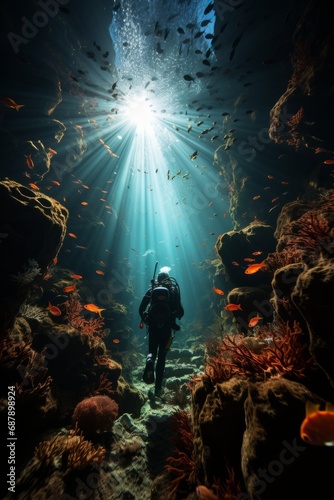 Diver capturing the breathtaking beauty of a deep-sea coral garden  home to unique and rare species  Generative AI