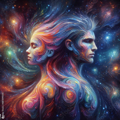 Twin flame couple. Soulmates. The concept of magical, esoteric, tantric, spiritual love. Connection between souls. Illustration for websites and much more. Created using generative ai tools