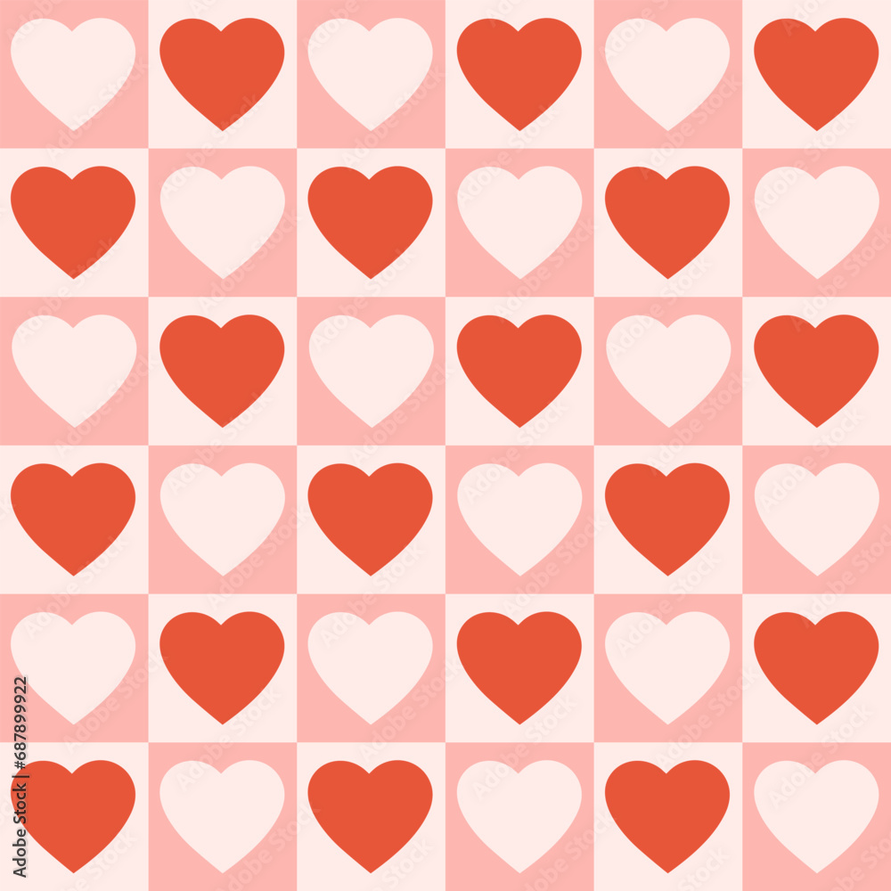 Monochrome seamless pattern with hearts on a checkered background. Modern retro illustration for decoration. Aesthetic vector print in style 60s, 70s. 