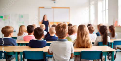 Kids attentively focused on teacher while seated at desks in classroom setting, back view