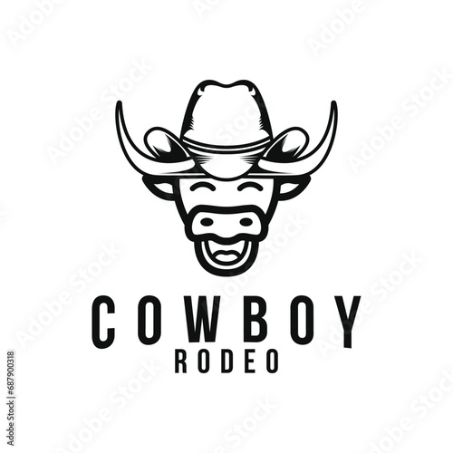Vintage retro style cowboy hat rodeo logo design with cow head